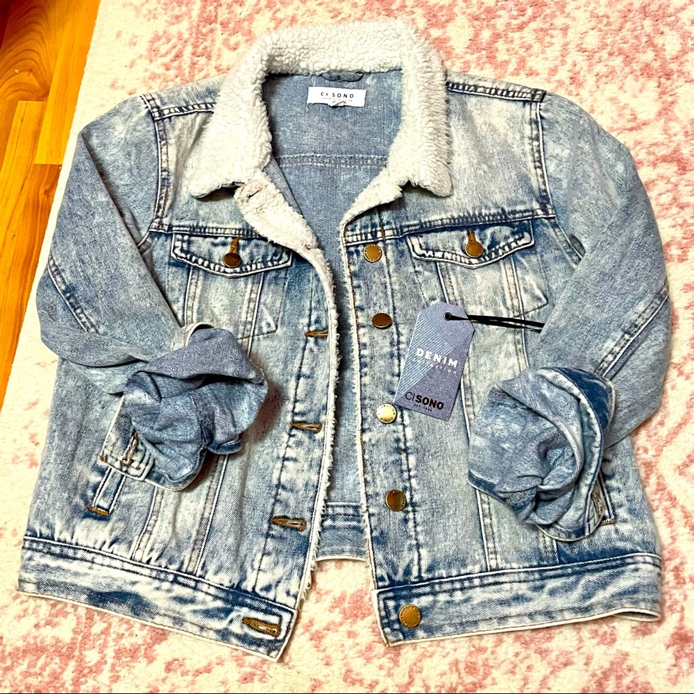 Ci Sono denim jacket with faux fleece trim NWT Sz L